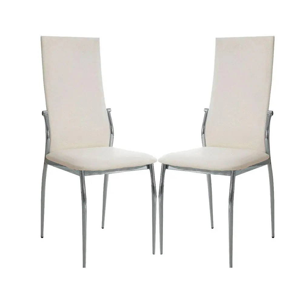 Set 2 Padded White Dining Chairs Chrome Finish Modern Kitchen Chairs simple relax