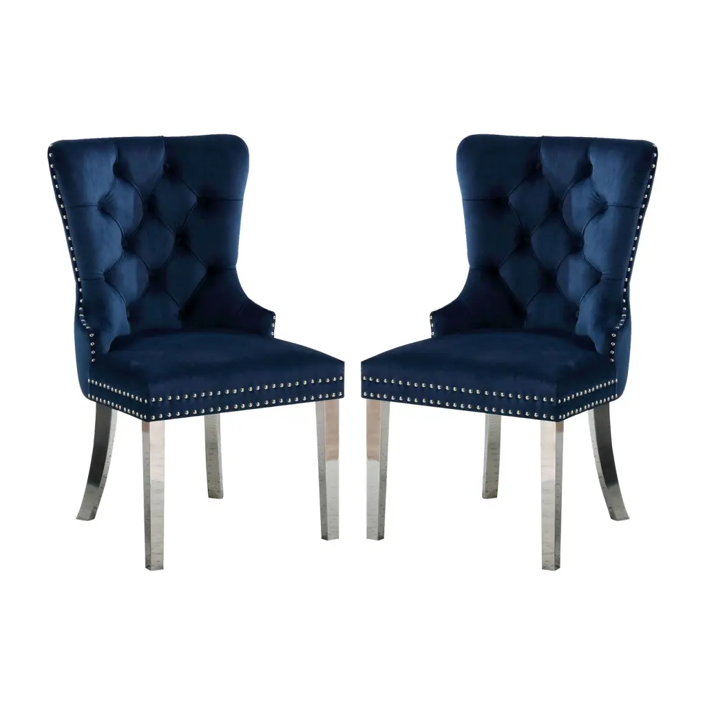 Set 2 Wingback Dining Chairs Button Tufted Back Blue and Chrome Legs simple relax