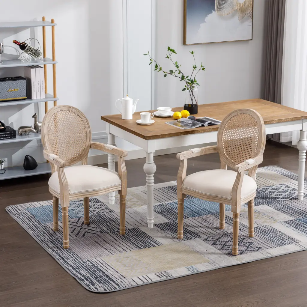 French Vintage Upholstered Fabric Dining Armchair Set 2 Beige Cre yijian furniture co.- ltd