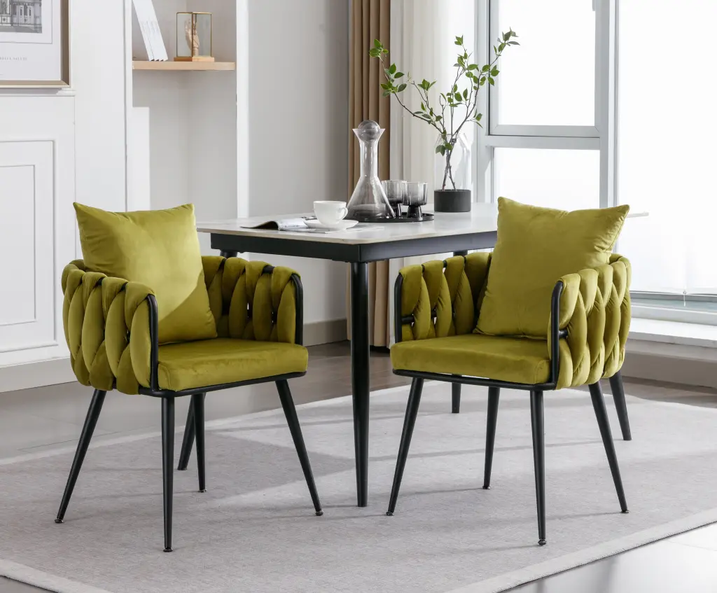 Set 2 Pure Olive Modern Velvet Dining Chairs Hand Weaving Accent zen zone