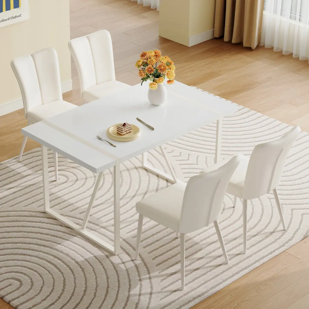 55X31.5 Inch Cream Style White Mdf Dining Table Set 4 Armless Chairs Modern Kitchen droom w-1151