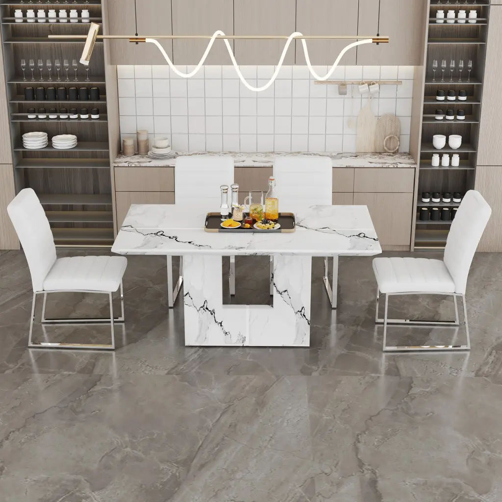 63X35.4 Inch White Stone Patterned Mdf Dining Table And Chair Set Modern Kitchen Furniture droom w-1151