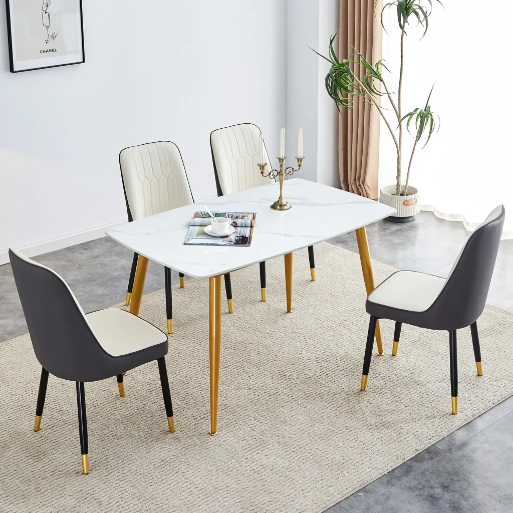 Modern Dining Table White Imitation Marble Pattern And Chair Set droom w-1151