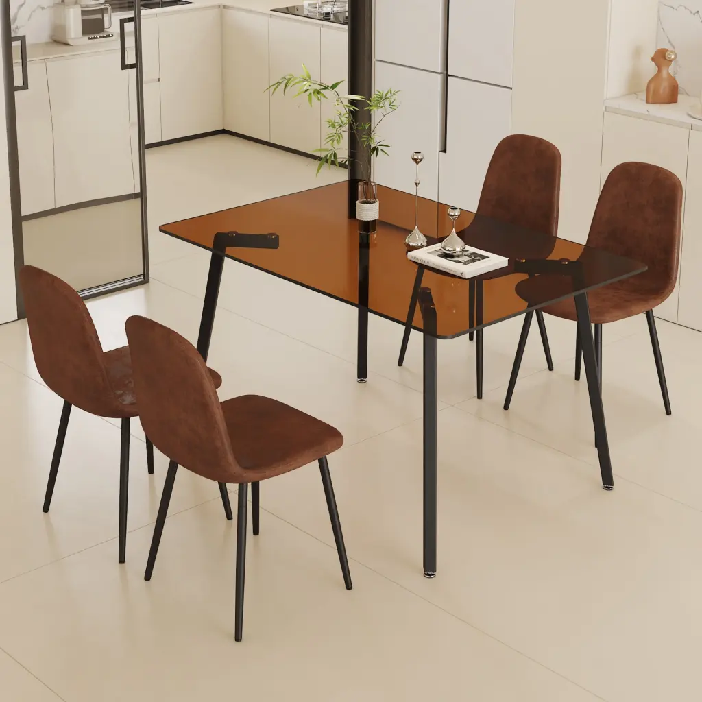 Modern Rectangular Table And Chair Set Brown Glass Top Dining Set 4 droom w-1151