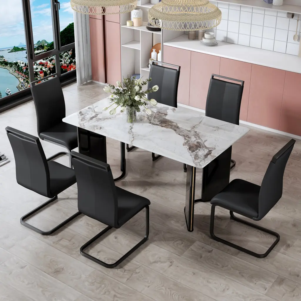 Table and Chair Set 1 Rectangular Dining Table 6 Chairs Wooden Hue Legs Kitchen Dining droom w-1151