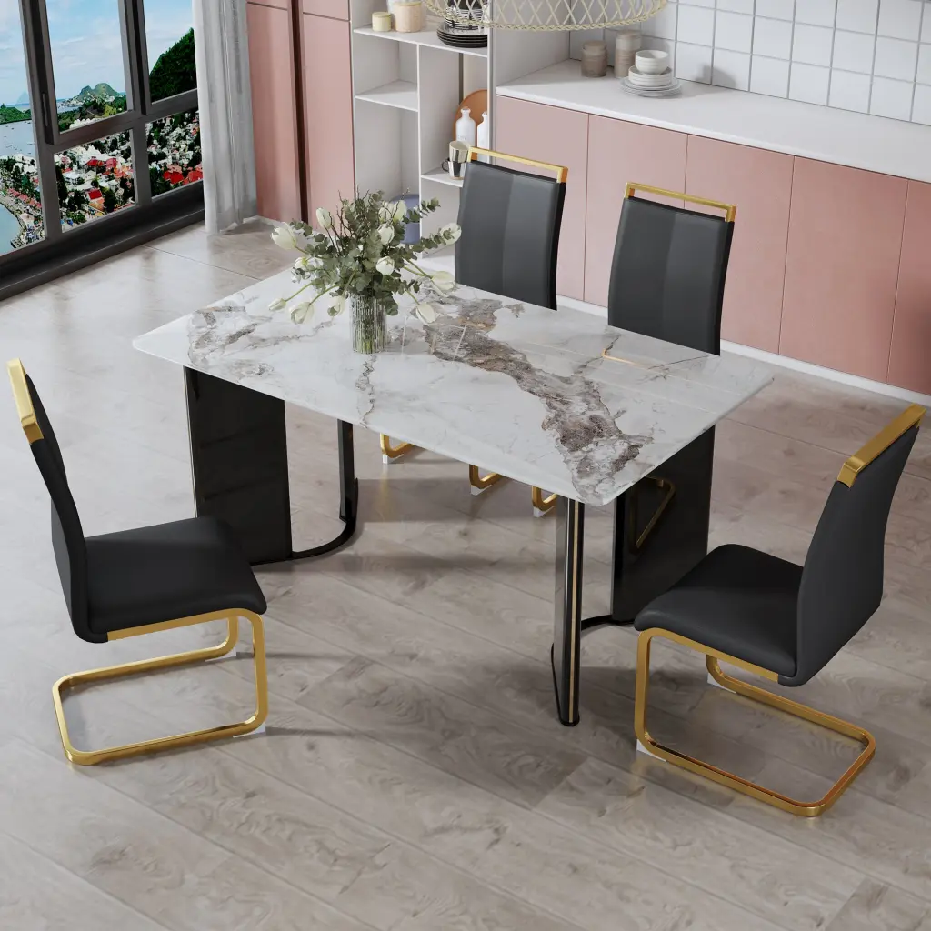 Table and Chair Set 1 Table 4 Black PU Cushioned Chairs Precious Metal Legs Dining Room droom w-1151