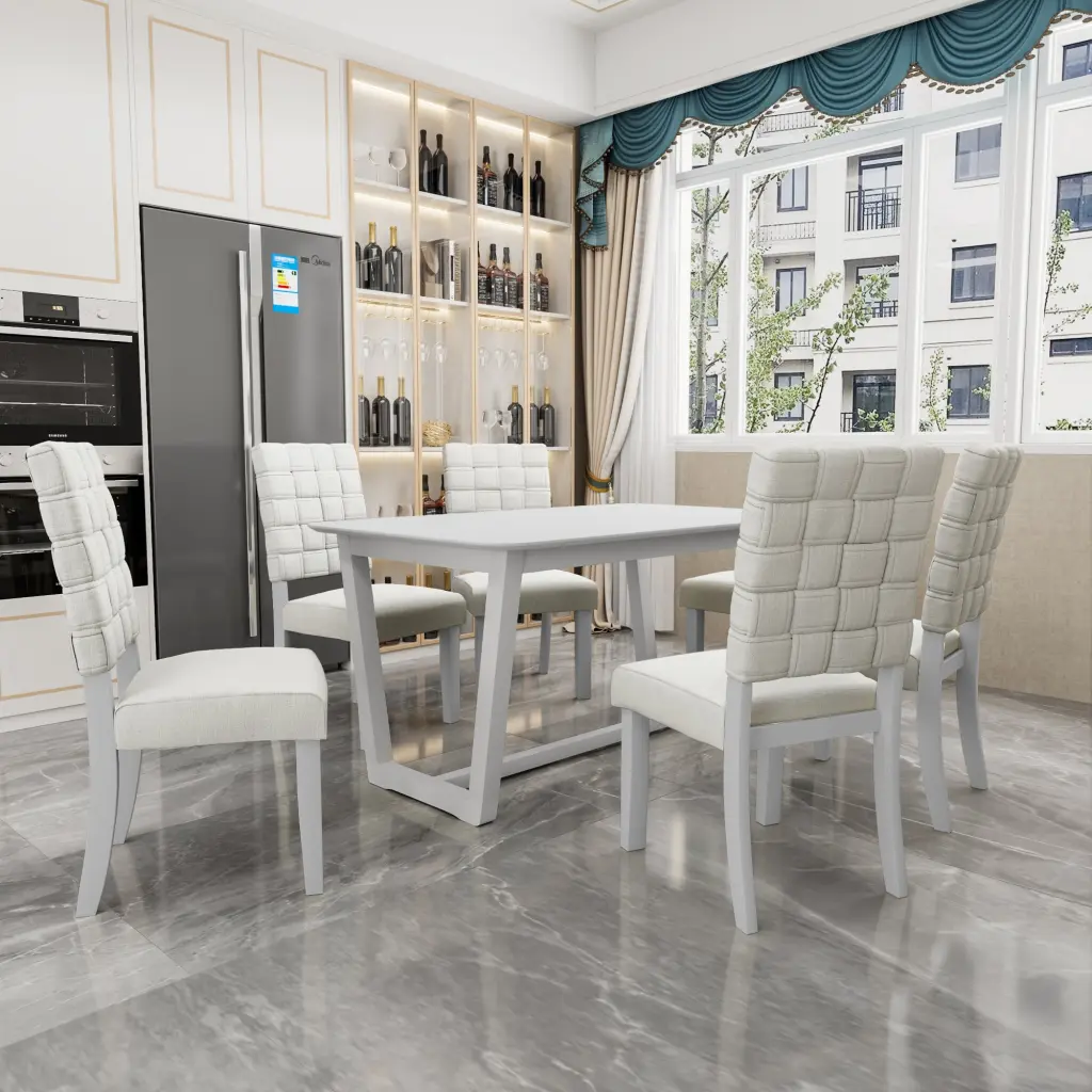 FX D1 Dining Set Incorporate 6 Chairs Light Beige Color Linen & Rubber Wood factoryx