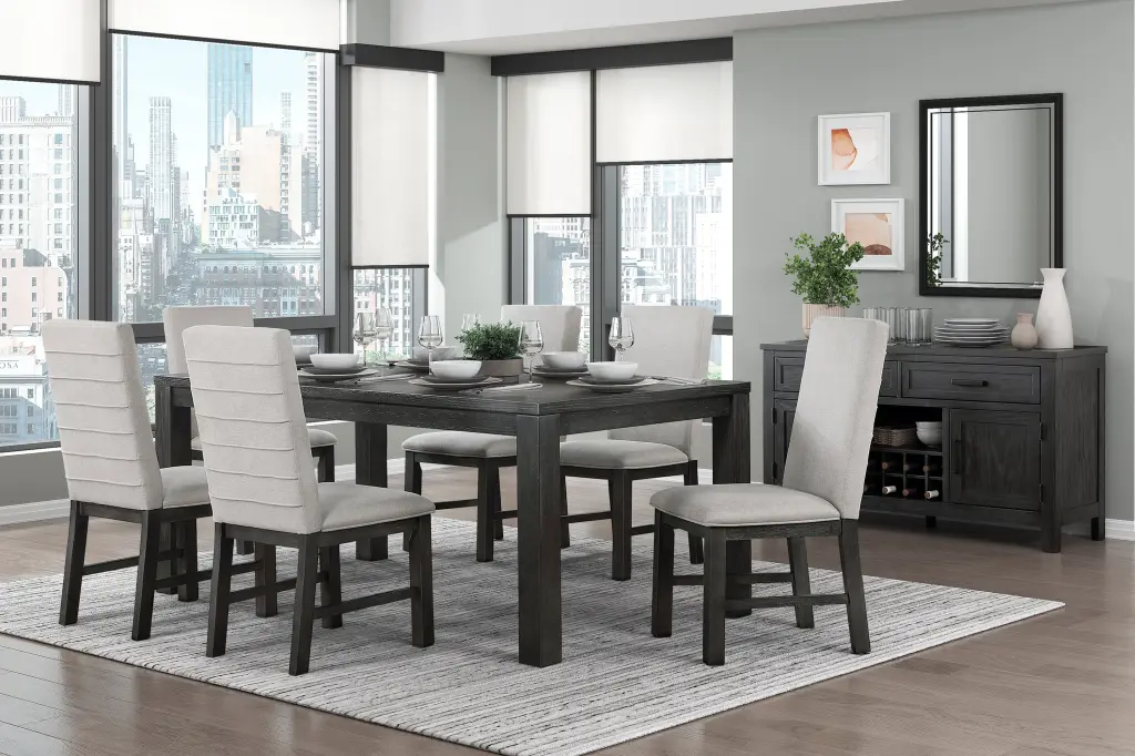 Antique Black Finish Modern 7Pc Dining Set Rectangular Table and 6 Upholstered Chairs kanepe