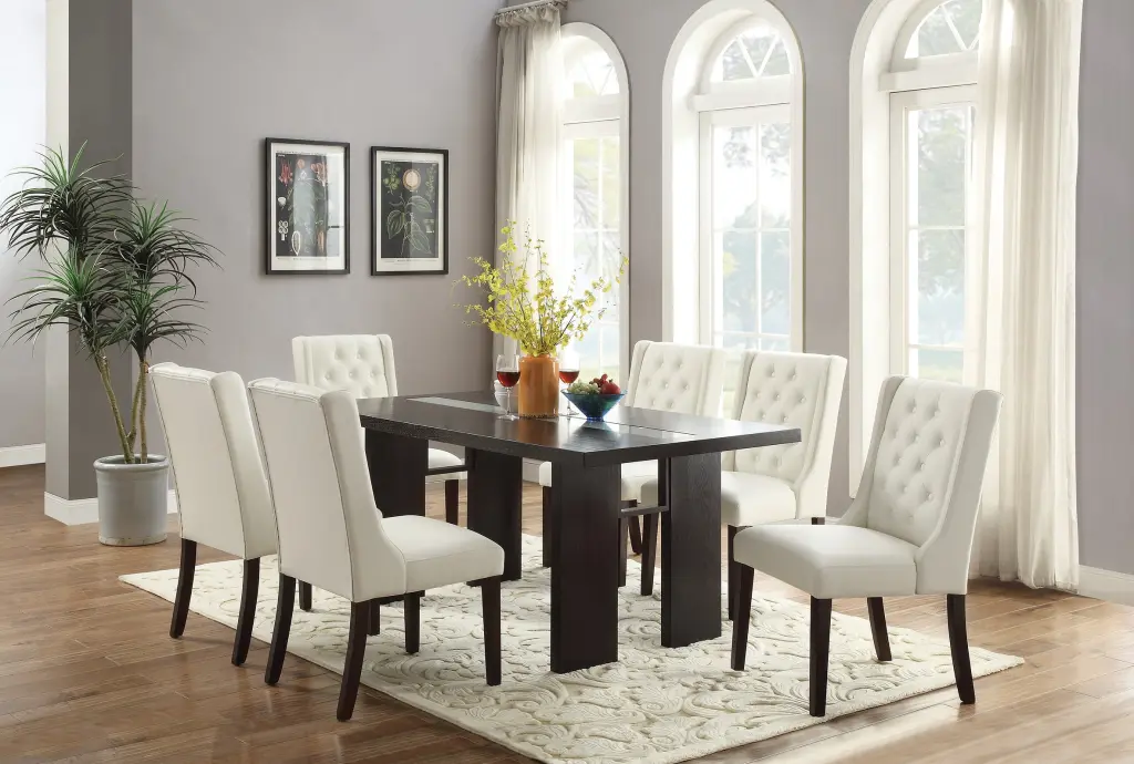 Contemporary White Faux Leather 7-Piece Dining Set Solid Wood Table kanepe