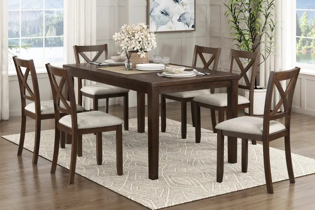 Dark Cherry Finish Wooden Dining Set 7Pc Table and Beige Side Chairs kanepe