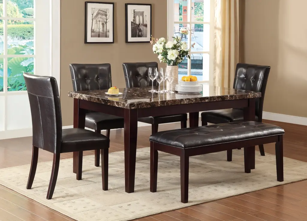 Espresso Finish 6 Piece Dining Set Faux Stone Top Table Bench And Tufted Chairs kanepe