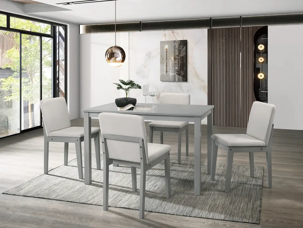 Grey Finish 5-Piece Dining Room Set Table and 4 Beige Fabric Chairs Modern Kitchen Furniture kanepe