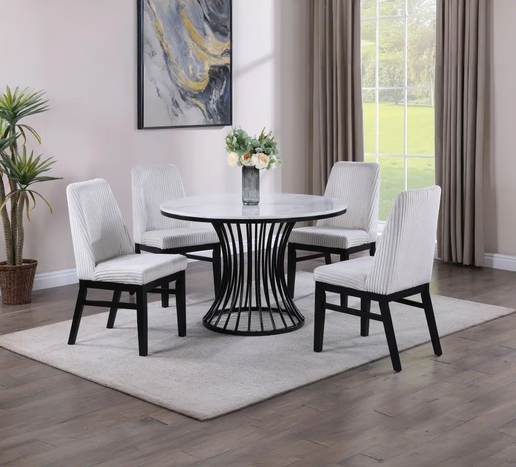 5 Piece Contemporary Dining Set White Faux Stone Round Table kanepe