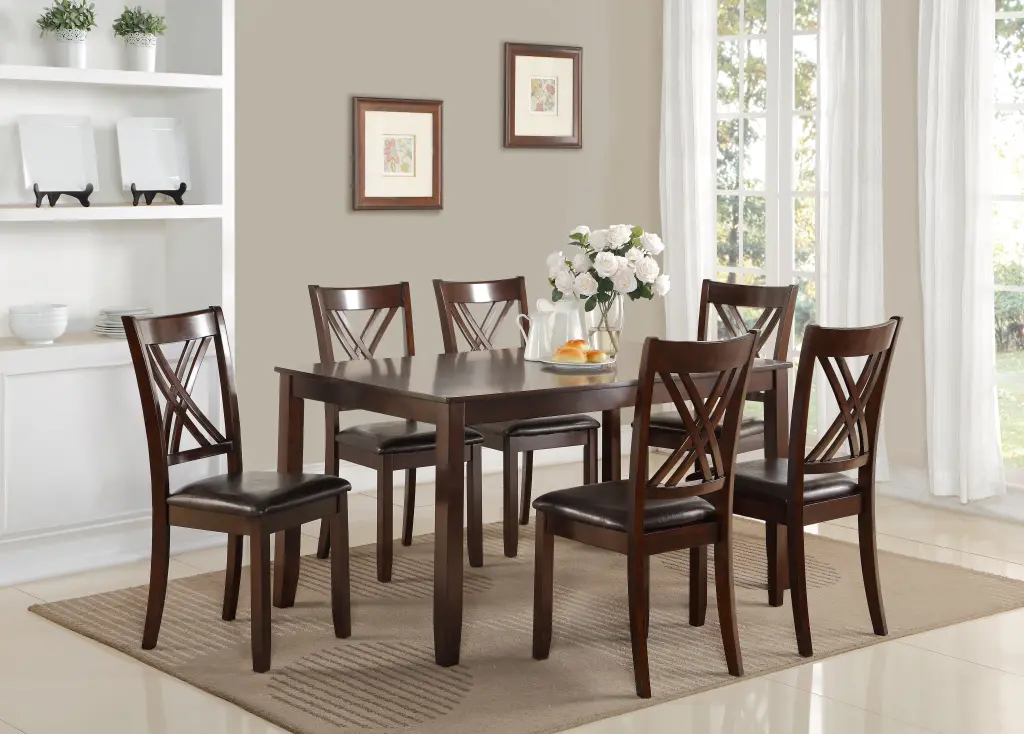 7 Piece Dinette Set Brown Espresso Finish Rectangular Table PU Upholstered Chairs kanepe