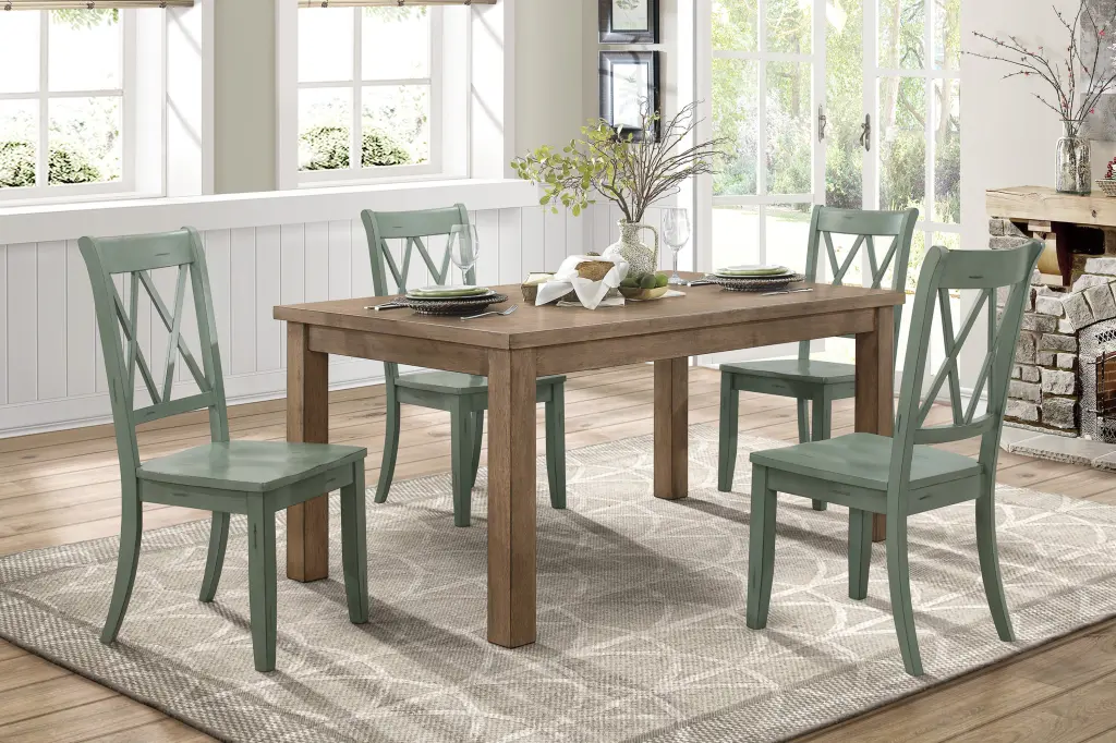 5 Piece Dining Set Natural Finish Table And 4 Teal Finish Wooden Chairs kanepe