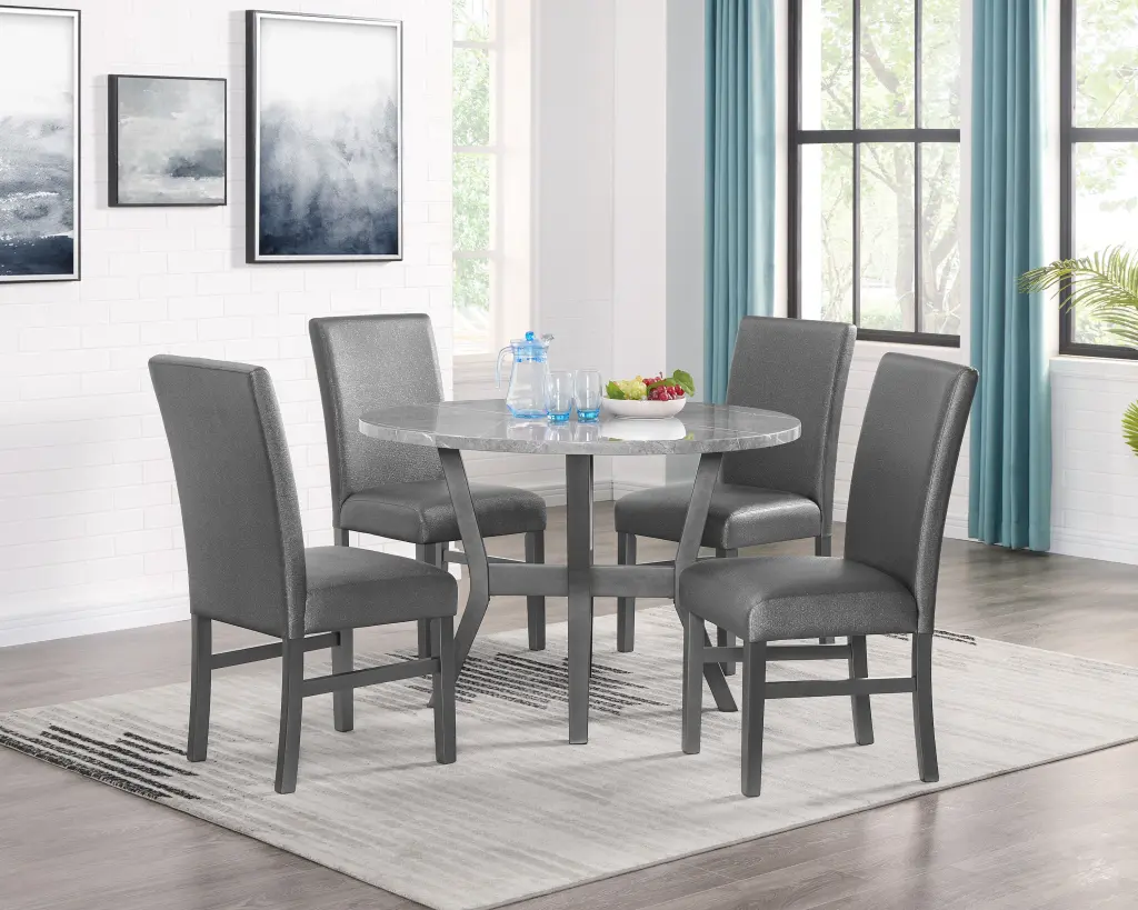 5 Piece Round Gray Stone Dining Table Glitter Finish and Upholstered Chairs kanepe
