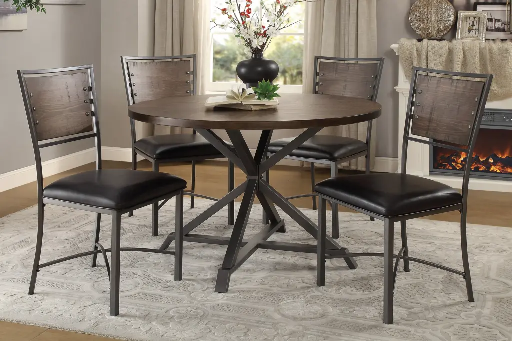Rustic Industrial Style 5 Piece Dining Set Round Table and 4 Chairs kanepe