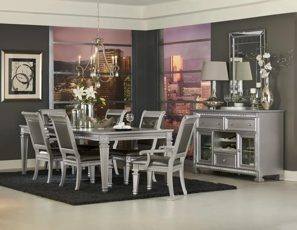 Shiny Metal Finish 7 Piece Dining Set Table Leaf 2 Armchairs 4 Side Chairs kanepe