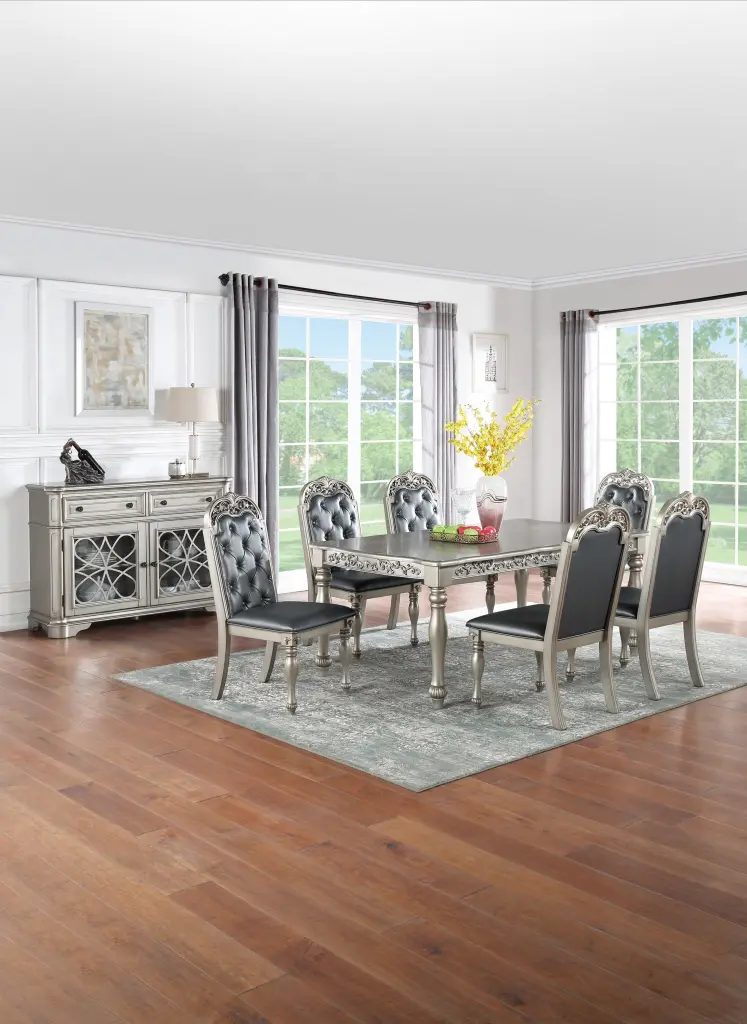 Traditional Formal Silver Grey Finish 7Pc Dining Set Table 6 Chairs kanepe