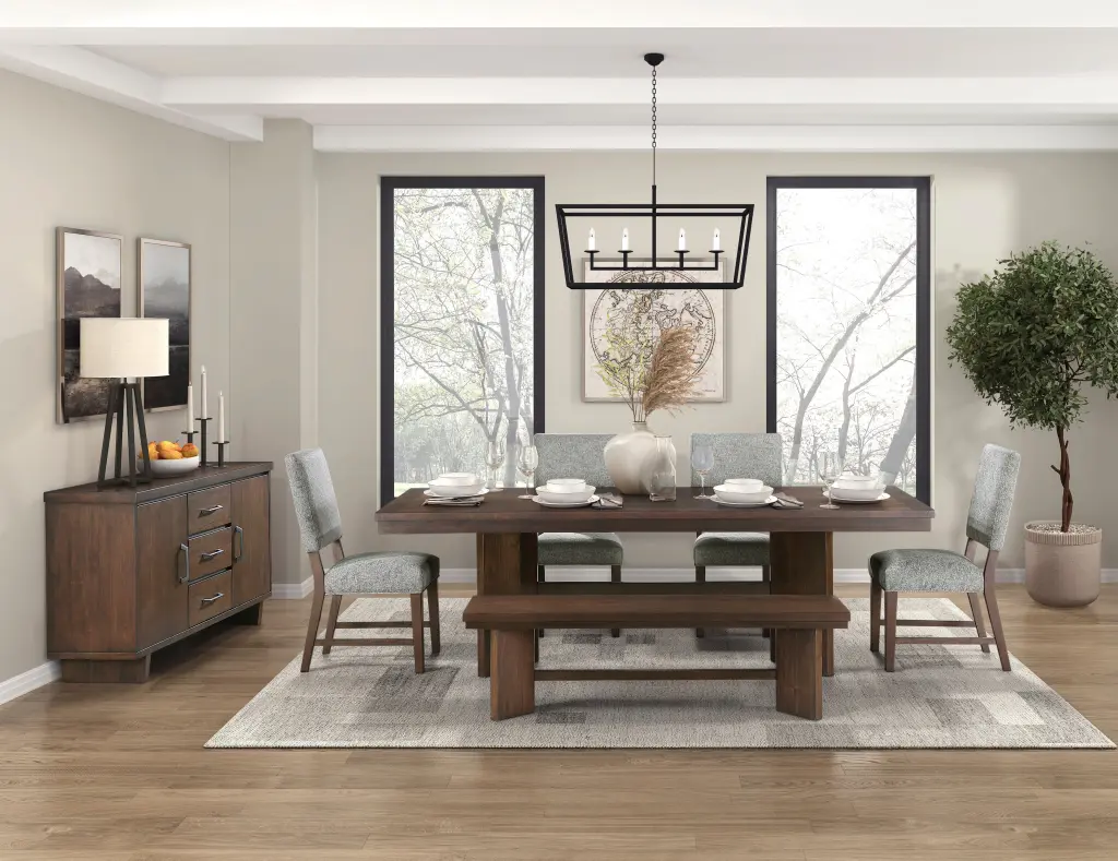 Walnut Finish Modern Dining Set 6 Piece Table Self Storing Extension Leaf kanepe