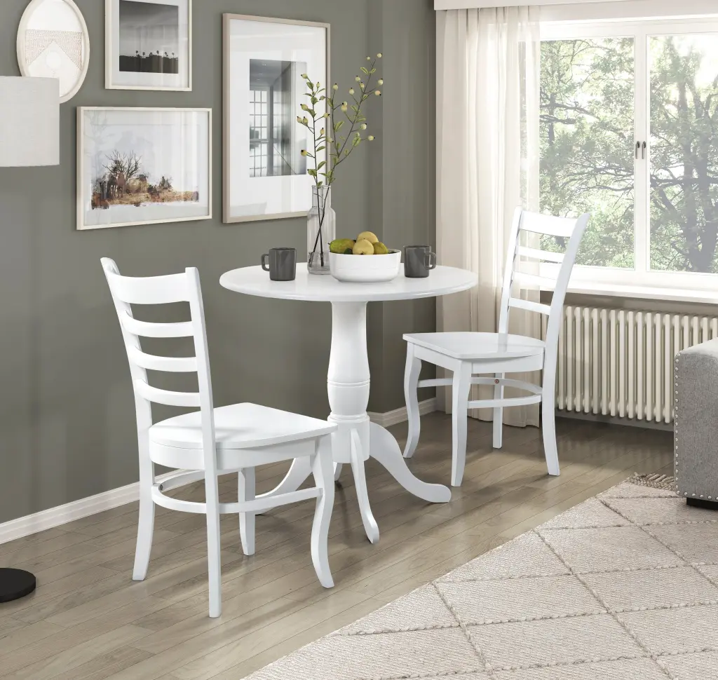White Finish 3 Piece Round Table and Two Chairs Set Ladder Back kanepe