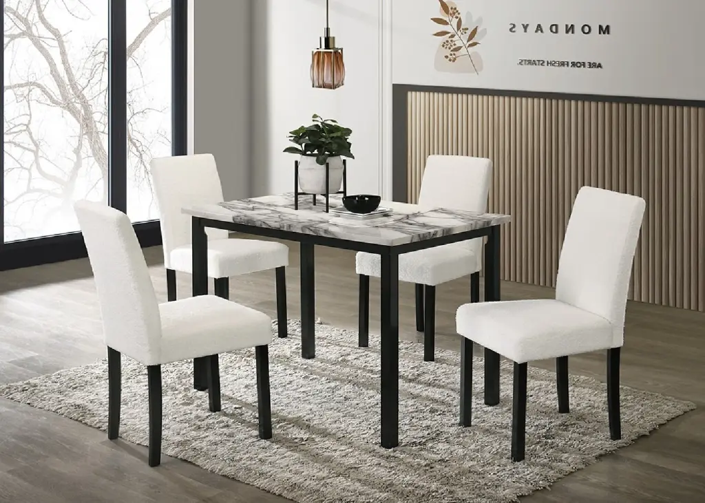 White Hue Wool Material Chairs Faux Marble Top Table 5Pc Dining Set kanepe