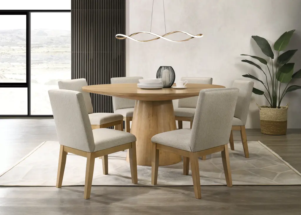 Jasper Driftwood Finish 7 Piece 59 Inch Round Dining Table Set Beige Upholstered Chairs lilola home