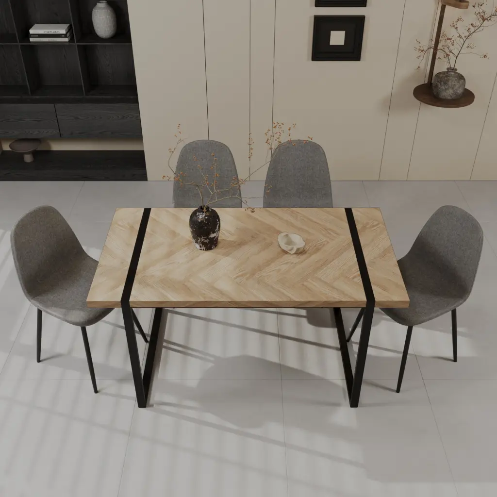 59 Inch MDF Light Timber Dining Table And Modern Dining Chair Set 4 nuoli furniture