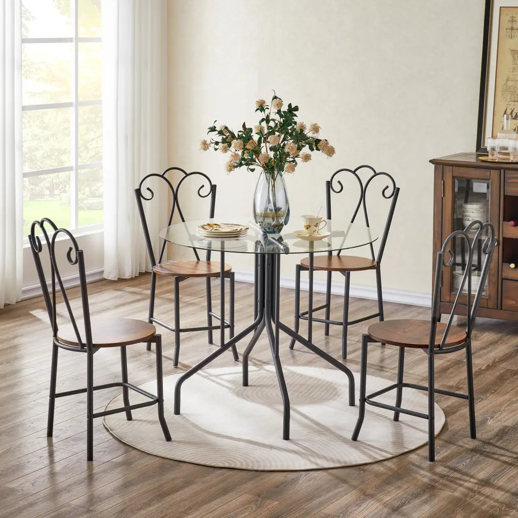 5 Piece Tempered Glass Modern Round Dining Table Set 4 Chairs rnb