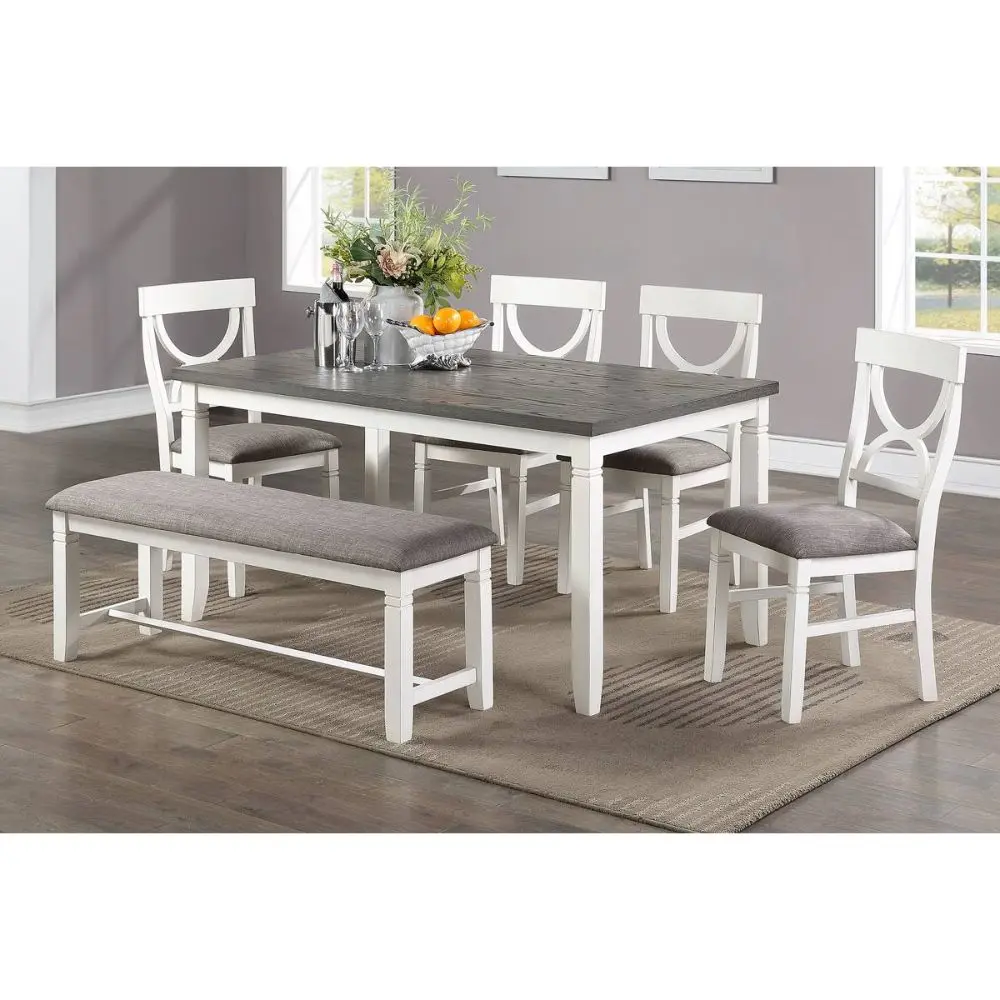 Carrol 6 Piece Wood Dining Set White and Grey Seats 6 simple relax