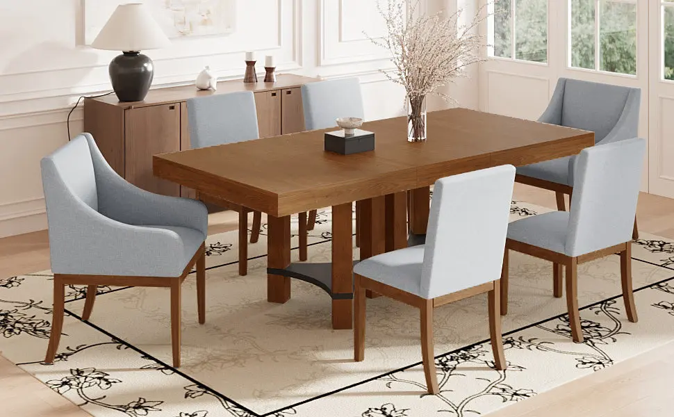 Rustic 7 Piece 76.4Inch Extendable Dining Table Set 18Inch Removable Leaf topmax