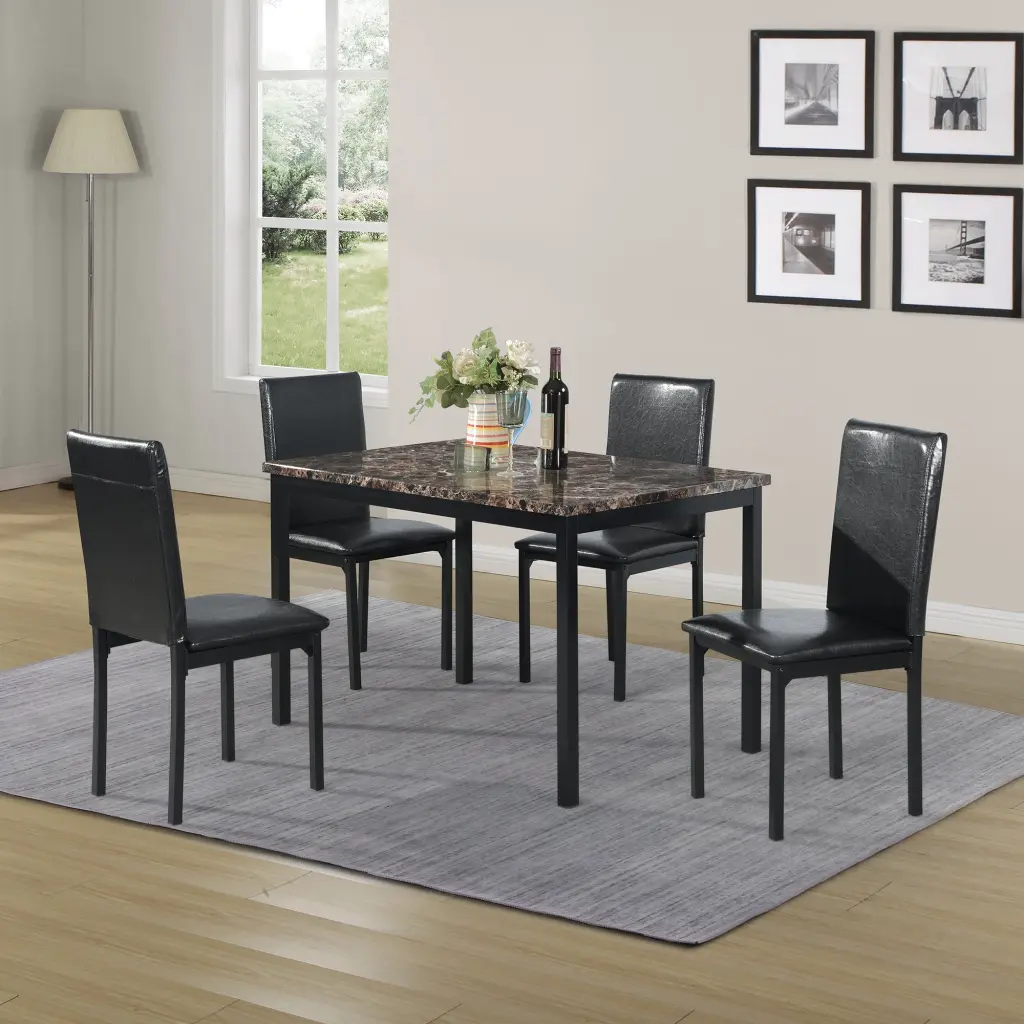 5 Piece Metal Dinette Set Faux Marble Top Black Dining Table and Chairs beds - sofas