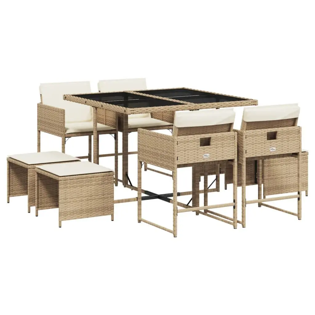 Beige 9 Piece Patio Dining Set Cushions - Poly Rattan