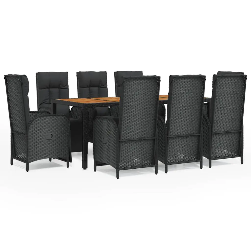 Black Poly Rattan 9 Piece Patio Dining Set Cushions