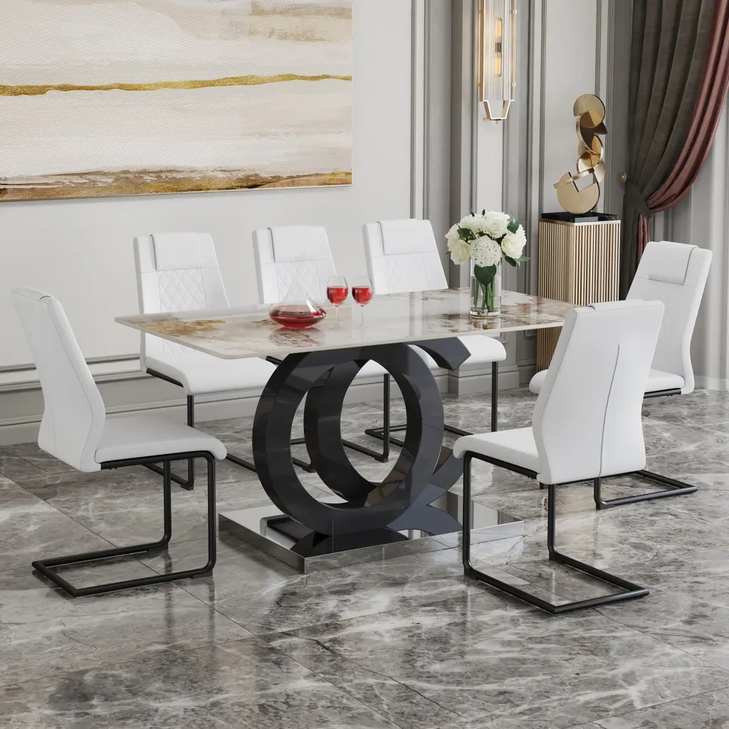 63x31.5 Inch Marble Pattern Sintered Stone Table and Chair Set droom w-1151