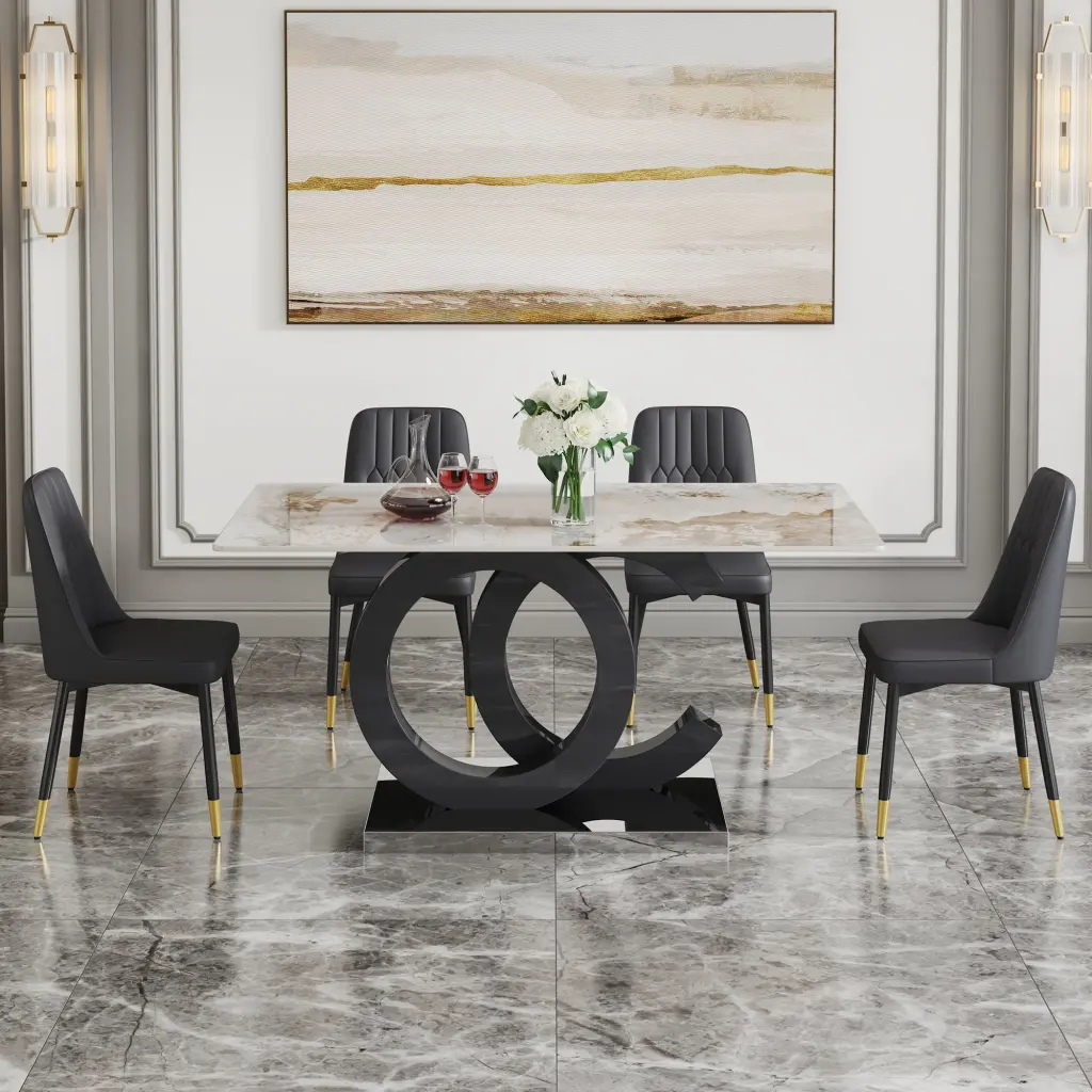 63x31.5 Inch Stone Pattern Sintered Marble Table and Chair Set droom w-1151