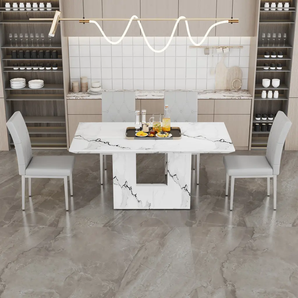 63x35.4 Inch White Stone Patterned MDF Dining Table and Chair Set droom w-1151