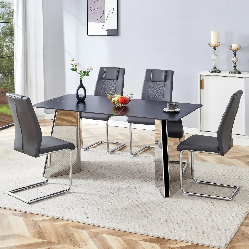 Black Marble Patterned Table And Chair Set 63x31.5x30 Inches droom w-1151