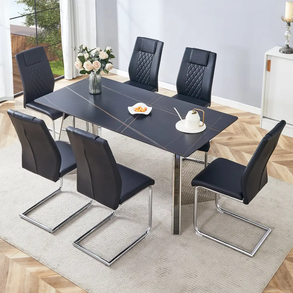 Black Stone Patterned Table and Chair Set 63x31.5 Inches Dining Room droom w-1151