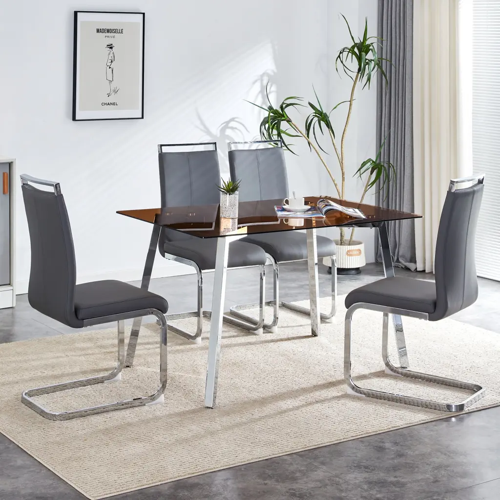 Brown Tempered Glass Table 4 Silver Metal Chairs droom w-1151