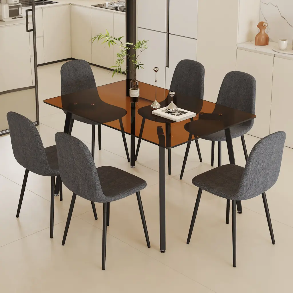 Large Modern Rectangular Table and Chair Set Brown Crystal Top droom w-1151