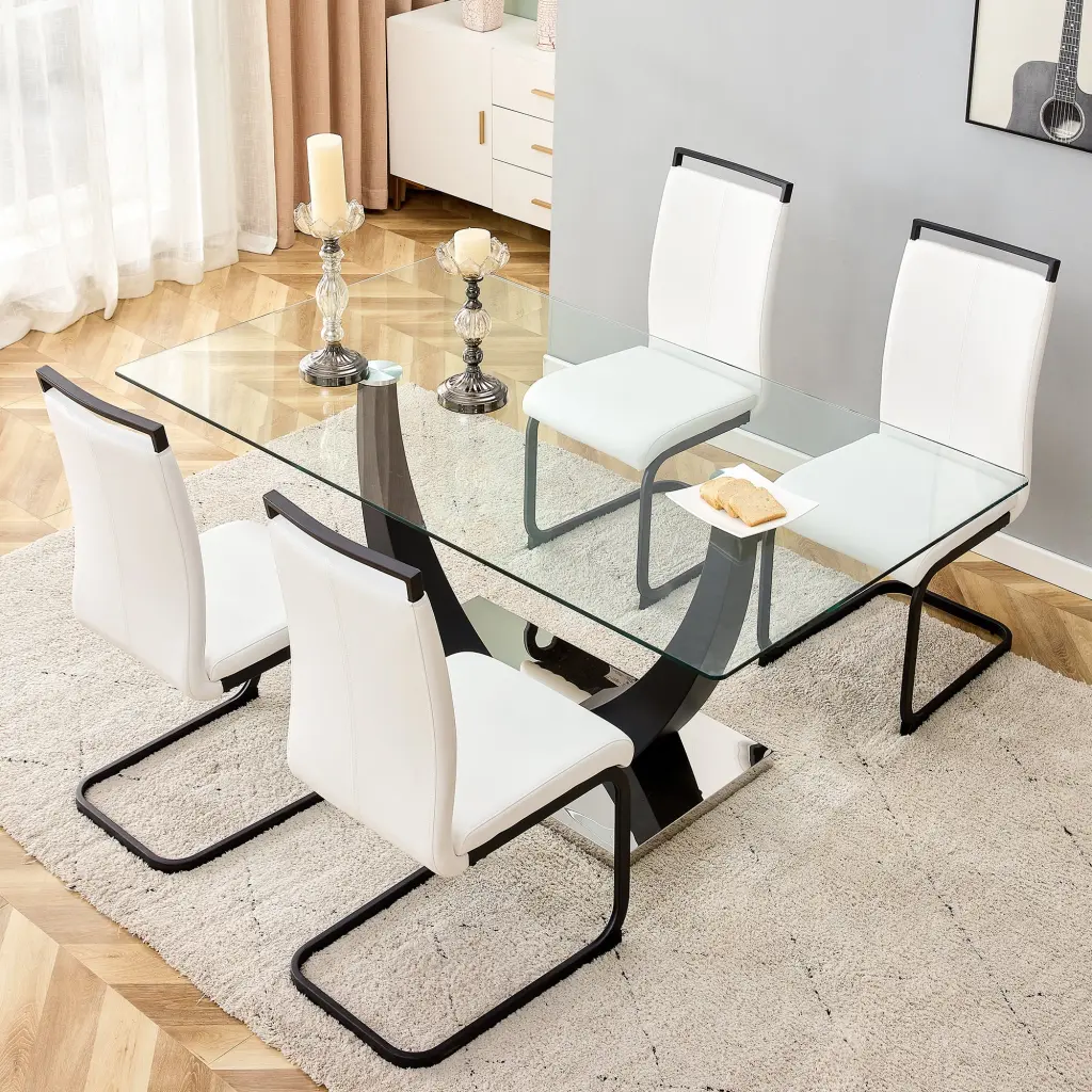 Modern Black Rectangular Tempered Glass Table And Chair Set E-reader Top droom w-1151