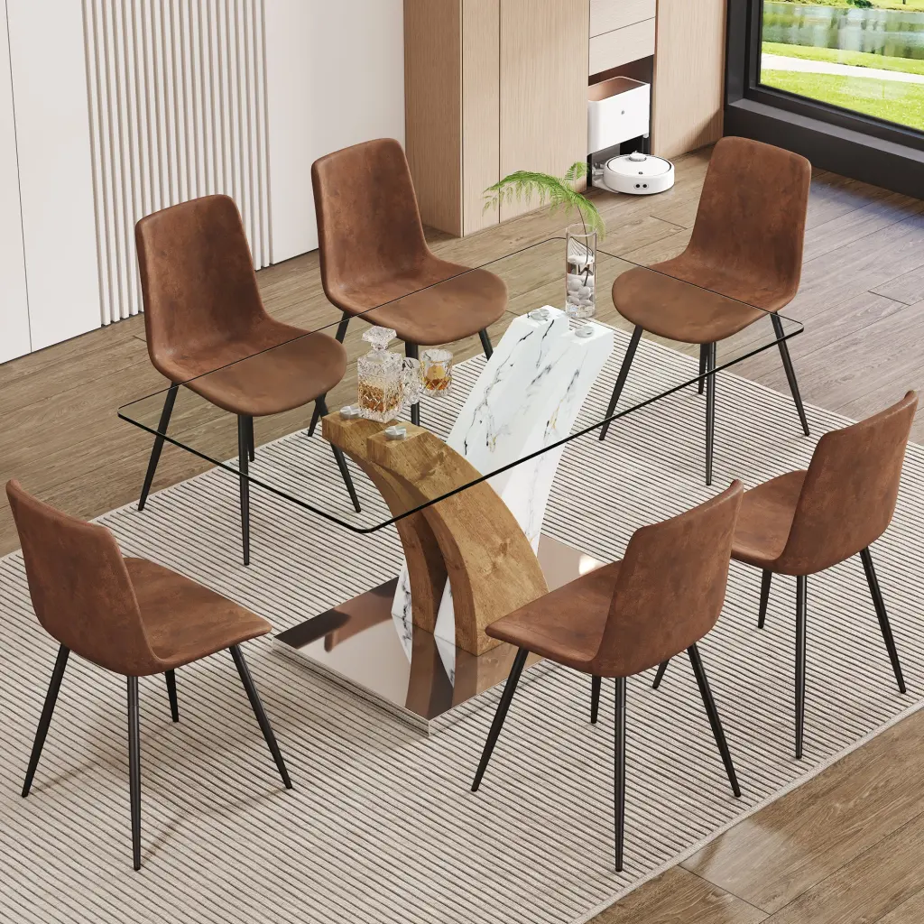 Modern Dining Table and Chair Set Tempered Crystal Countertop droom w-1151