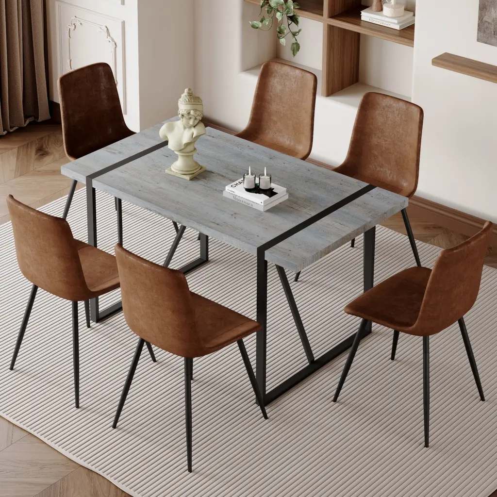 Modern Minimalist Grey Stone Textured MDF Dining Table and Chair Set droom w-1151