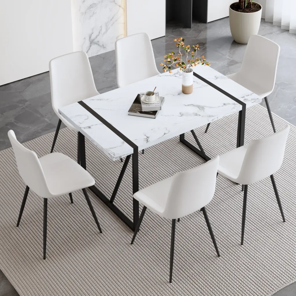 Modern Minimalist White Marble Veined MDF Dining Table and Chair Set droom w-1151