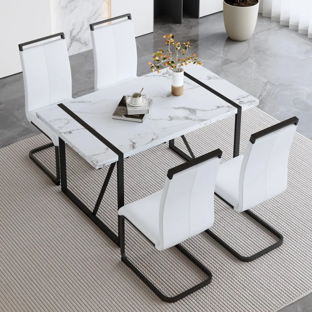 Modern Minimalist White Stone Veined MDF Dining Table and Chair Set droom w-1151