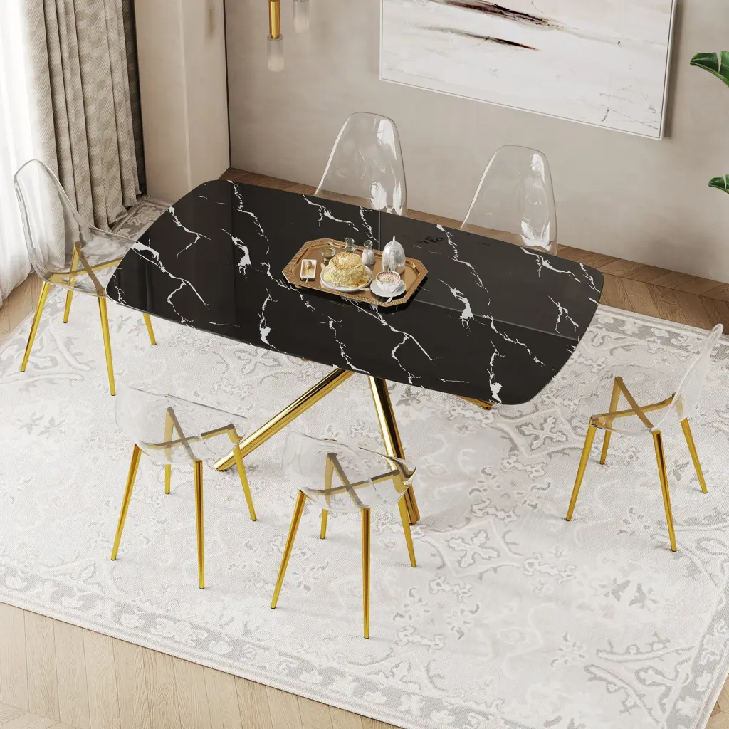 Modern Opulent Black Marble Patterned Tempered Glass Table and Chair Set droom w-1151