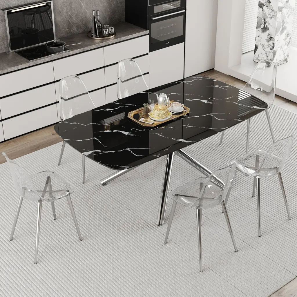 Modern Opulent Black Marble Patterned Tempered Glass Table And Chair Set droom w-1151
