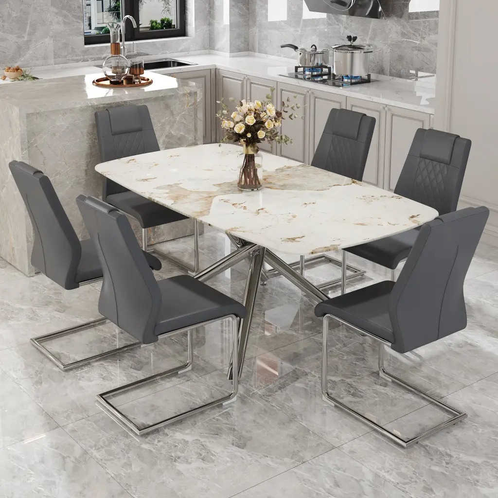 Modern Opulent White Marble Patterned Tempered Glass Table and Chair Set droom w-1151