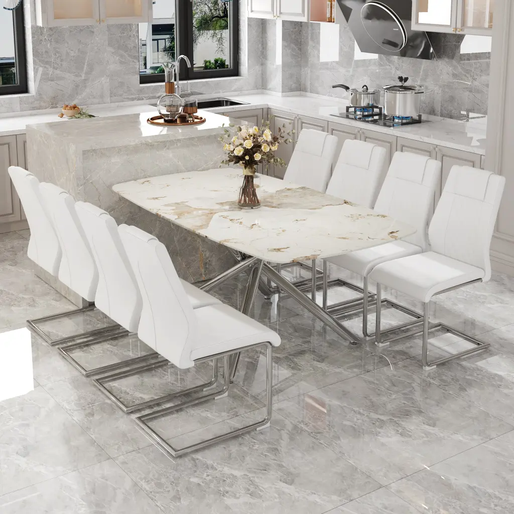 Modern Opulent White Marble Patterned Tempered Glass Table and Chair Set droom w-1151